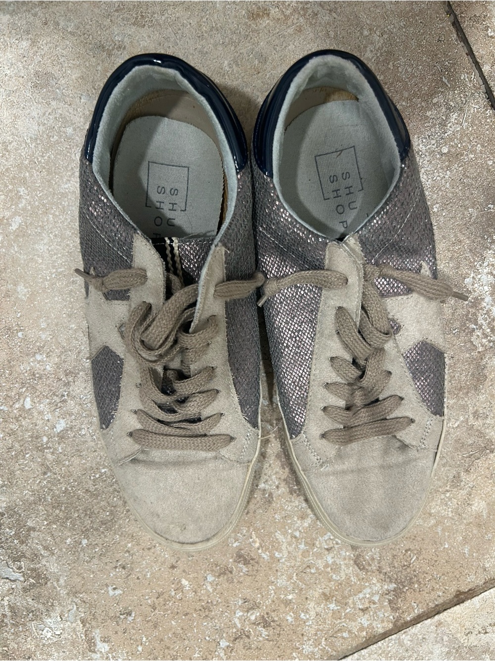 ShuShop women’s Taupe Suede & Metallic Panel Sneakers